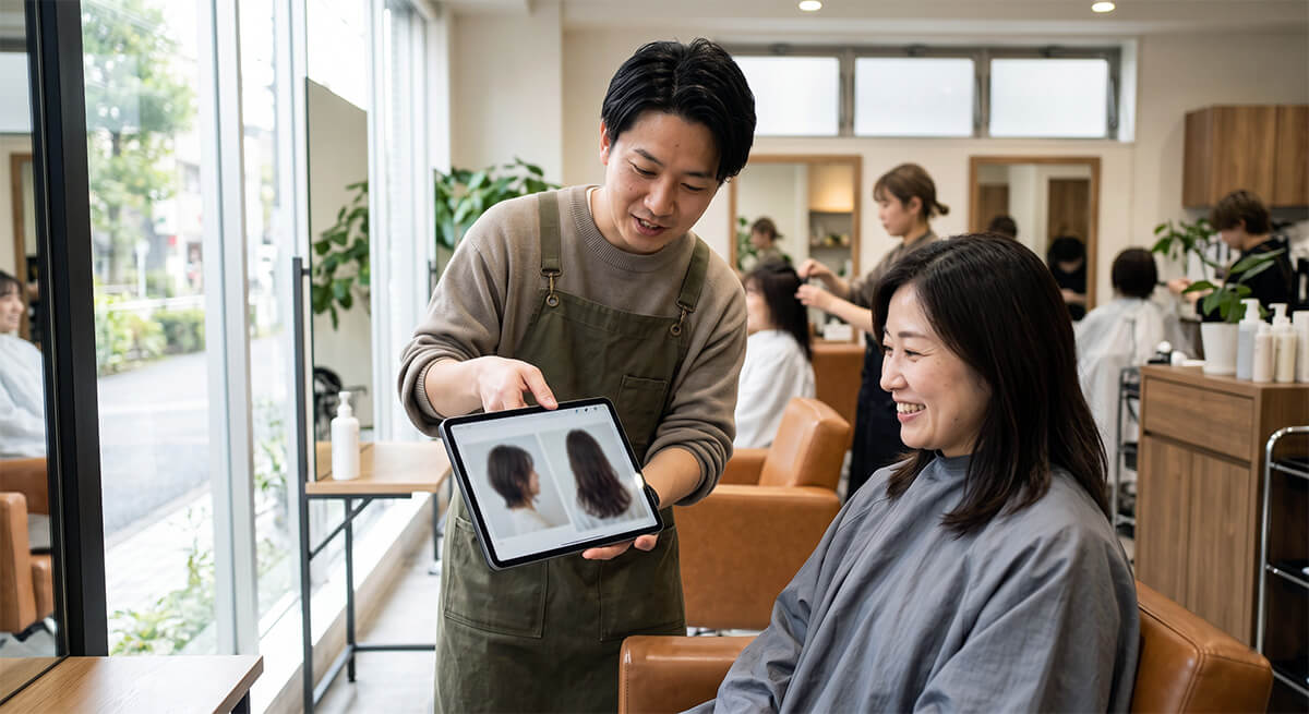 施術前後のBefore/Afterヘアスタイル写真がiPad上で並んで表示されている画面