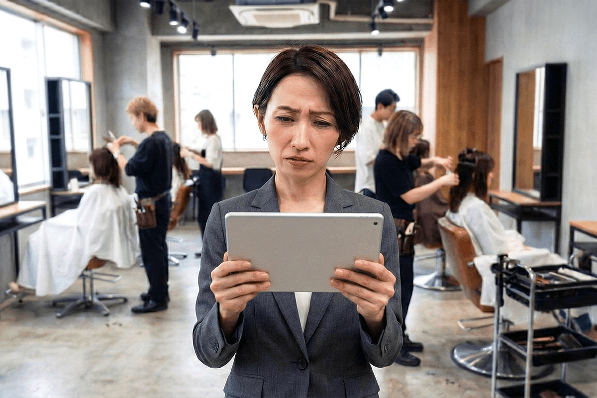 iPadで売上データを見て真剣に悩む美容室オーナー