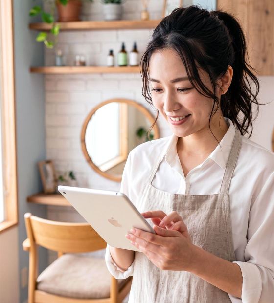 タブレットでA'staff Cloudを操作する美容師