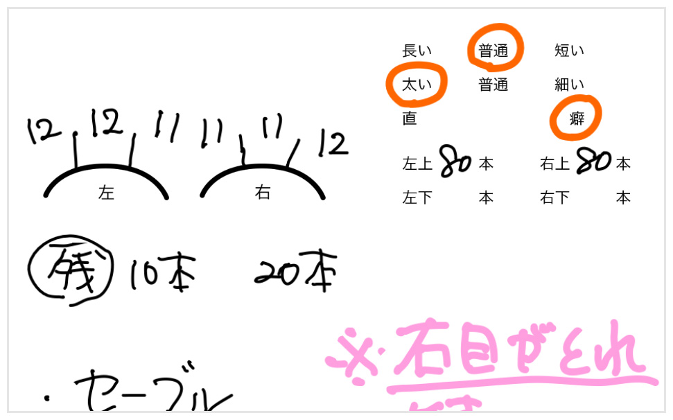 まつエク版では、お客様のまつ毛の現状・追加本数・施術の詳細などが手描きで記録可能です。